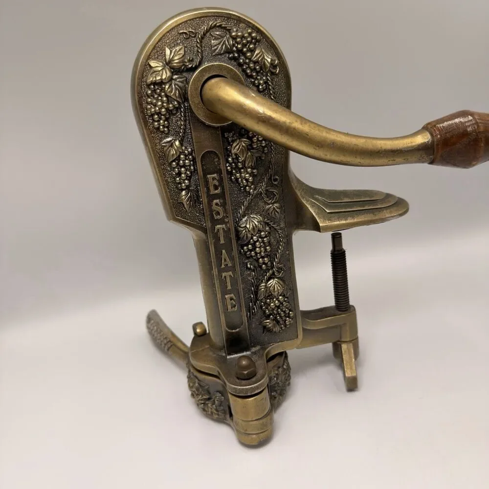 Vintage Estate Brass Clamp-On Wine Bottle Corker Tabletop Grapevine Opener